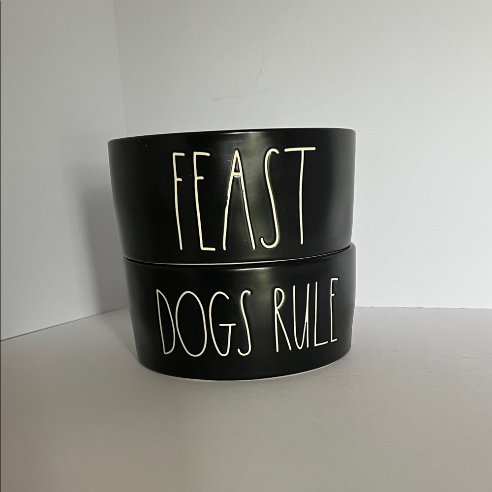 Rae Dunn Black Ceramic Dog Bowl Set - Feast & Dogs Rule - Picture 3 of 8